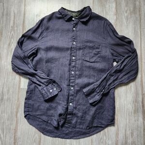 Panama Jack 100% Linen Button Up Shirt Long Sleeve Pocket Blue Collared Sz L